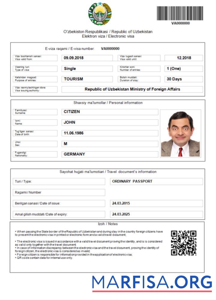 Printable Uzbekistan e visa in Word and Pdf template